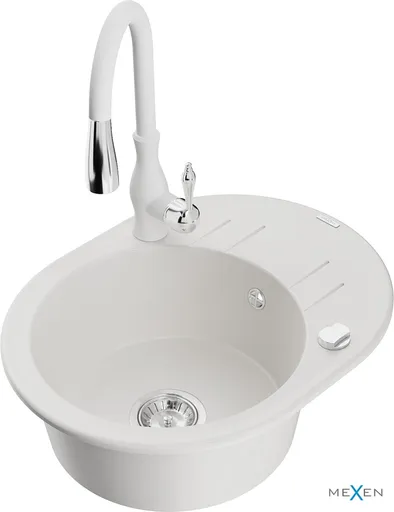 MEXEN/S MEXEN/S - Kevin granitový drez 1 s odkvapkávačom vrátane batérie Savita, biela 6517-20-672601-20