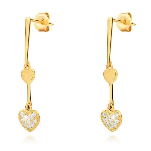 Zlaté náušnice 14K s líniou dvoch sŕdc a zirkónovým zdobením