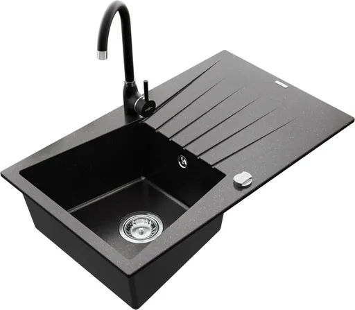 MEXEN/S MEXEN/S - Cesar granitový drez 1 s odkvapkávačom vrátane batérie Telma, čierna/strieborný 6514-73-670200-70