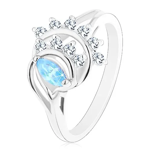 Prsteň v striebornom odtieni, modré zrnko, oblúky z čírych zirkónov - Veľkosť: 50 mm