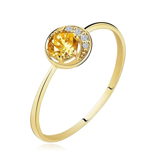 Prsteň zo žltého 14K zlata - úzky kosáčik mesiaca, žltý citrín, zirkóniky čírej farby - Veľkosť: 50 mm