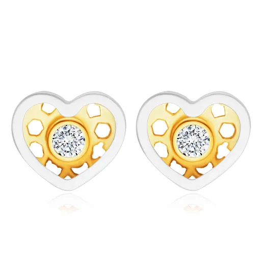 Náušnice v kombinovanom 14K zlate - symetrické srdiečko, okrúhly číry zirkónik