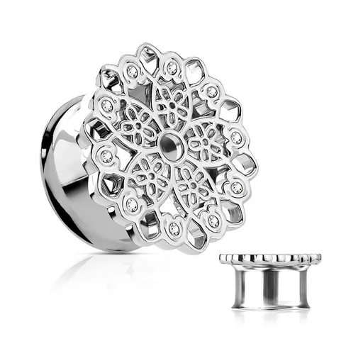 Oceľový tunel do ucha, vyrezávaný filigránový kvet, číre zirkóny - Hrúbka: 10 mm