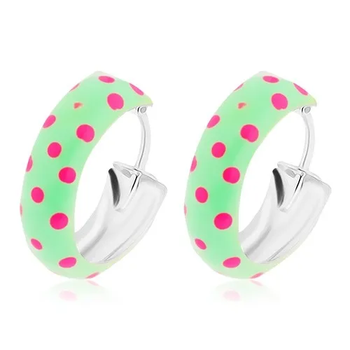 Okrúhle strieborné 925 náušnice, zelená glazúra s ružovými bodkami, 14 mm