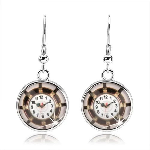 Náušnice kabošon, vypuklá glazúra, obrázok - hodinky, hnedý lem, lúče