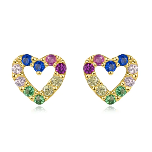 Zlaté náušnice 14K v tvare srdca s farebnými zirkónmi