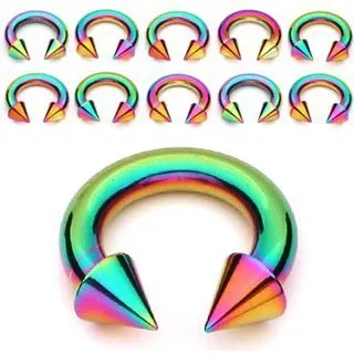 Piercing z chirurgickej ocele, dúhová podkova zakončená hrotmi - Rozmer: 1,6 mm x 10 mm x 4 mm