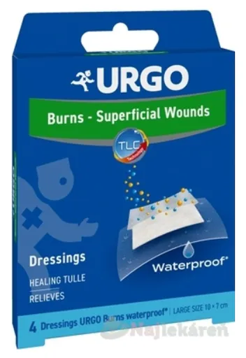 URGO Burns Waterproof Na popáleniny lipidokoloidná náplasťb 10 x 7 cm 4 ks