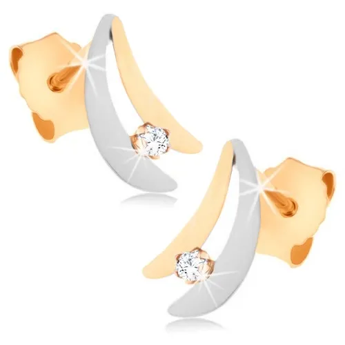 Náušnice v 9K zlate - lesklé dvojfarebné oblúky, zirkón čírej farby
