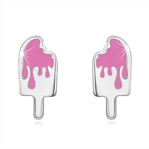 Strieborné náušnice 925 - odhryznutý nanuk, stekajúca poleva, ružová farba, puzetky