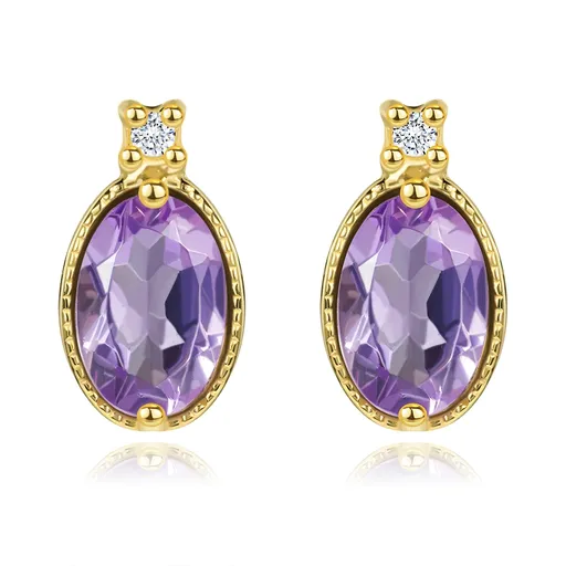 Napichovacie zlaté náušnice 14K s oválnym ametystom a zirkónom