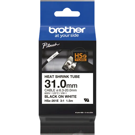 Brother HSe-261E Pro Tape, 31 mm x 1.5 m, čierna tlač / biely podklad , originálna páska
