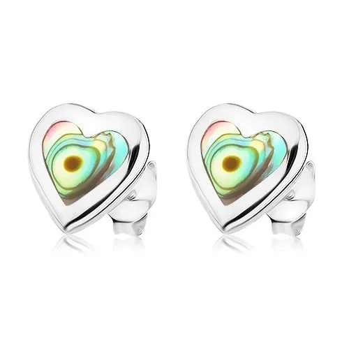 Puzetové náušnice, striebro 925, symetrické srdiečko s mušľou Paua