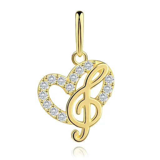 Zlatý prívesok 9K v tvare srdca s husľovým kľúčom a zirkónmi