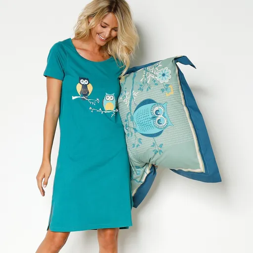 Krátka nočná košeľa s krátkymi rukávmi a potlačou sovičiek