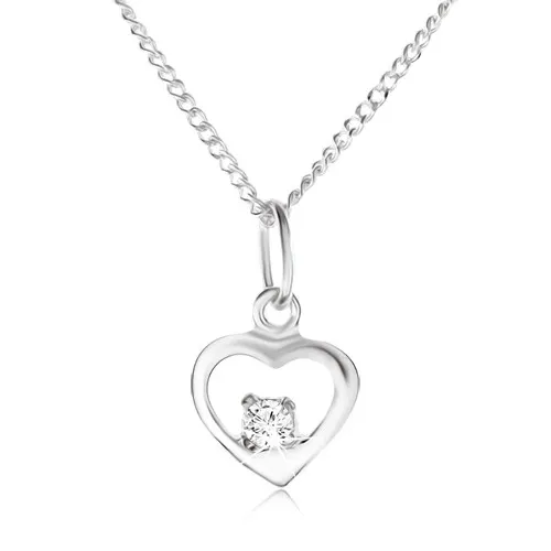Strieborný 925 náhrdelník, lesklý obrys srdiečka, kamienok čírej farby