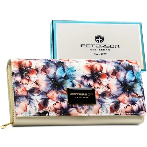 Veľká dámska peňaženka s kvetinovým vzorom z prírodnej a ekologickej kože, uzatváraná na patent - Peterson