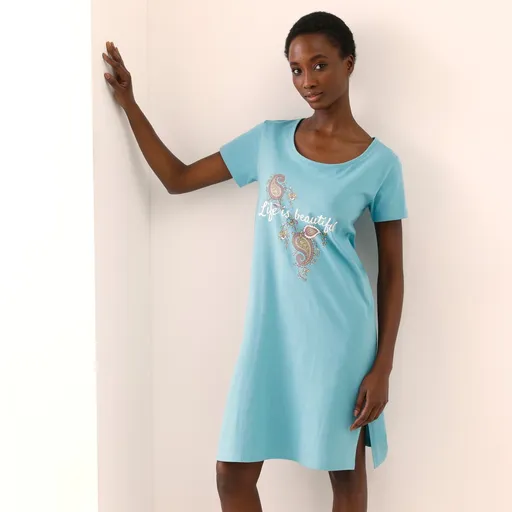 Krátka nočná košeľa s krátkymi rukávmi a textovou potlačou