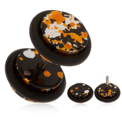 Akrylový falošný plug do ucha - fľaky čiernej, oranžovej a striebornej farby