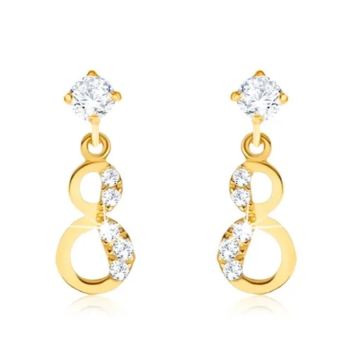 Zlaté náušnice 9K – visiaca osmička so zirkónmi