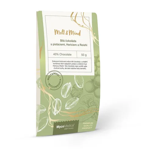 MYCOMEDICA Biela čokoláda s pistáciami heríciom a reishi 50 g