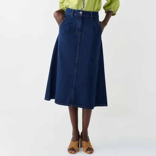 Rozšírená džínsová midi sukňa so skladmi