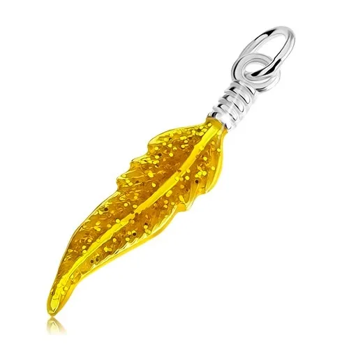 Prívesok zo striebra 925, gravírované pierko, žltá glazúra, oranžové trblietky