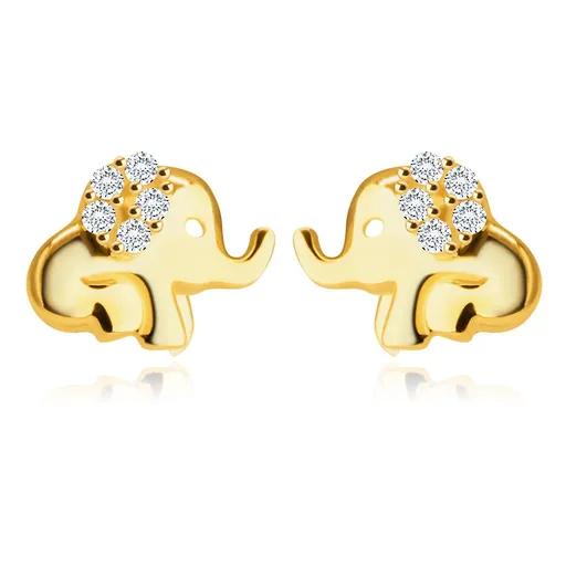 Náušnice v žltom 14K zlate - sediaci sloník s chobotom, ucho zdobené okrúhlymi zirkónmi