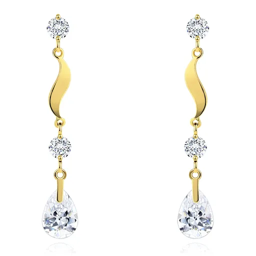 Zlaté náušnice 585 - dva okrúhle číre zirkóny, vlnka a číra ligotavá slza
