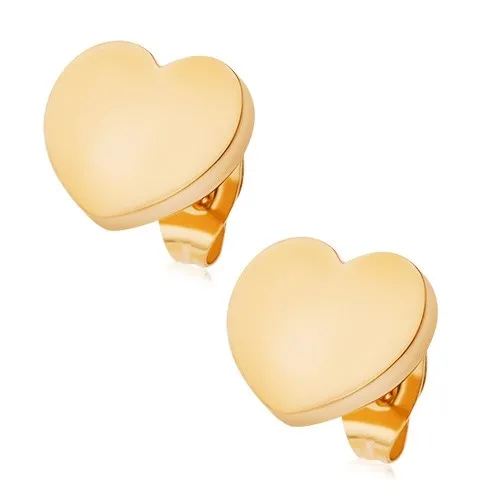 Oceľové náušnice zlatej farby, zrkadlovolesklé srdiečka, puzetky