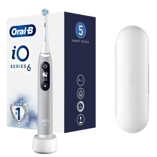 Oral-B iO Series 6 Grey Opal elektrická zubná kefka, magnetická, 5 režimov, tlakový senzor, AI, púzdro