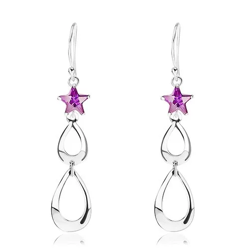 Náušnice zo striebra 925, zirkónová hviezda fialovej farby, obrysy sĺz