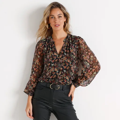 Voálová blúzka so stojačikom a potlačou