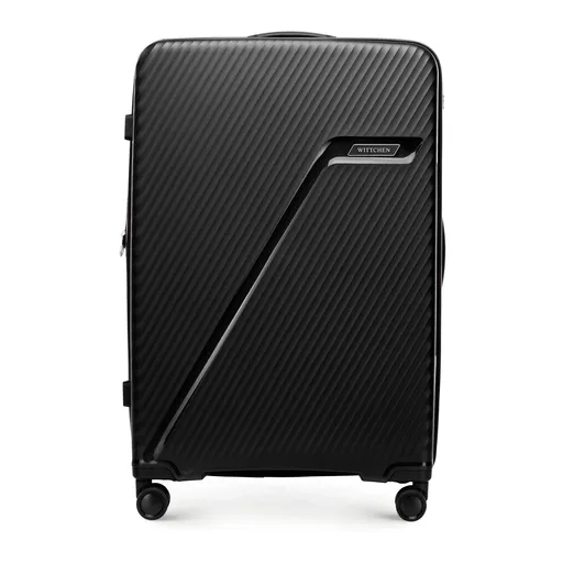 Veľký polypropylénový kufor s diagonálnymi pruhmi, čierny a strieborný 56-3T-503-10