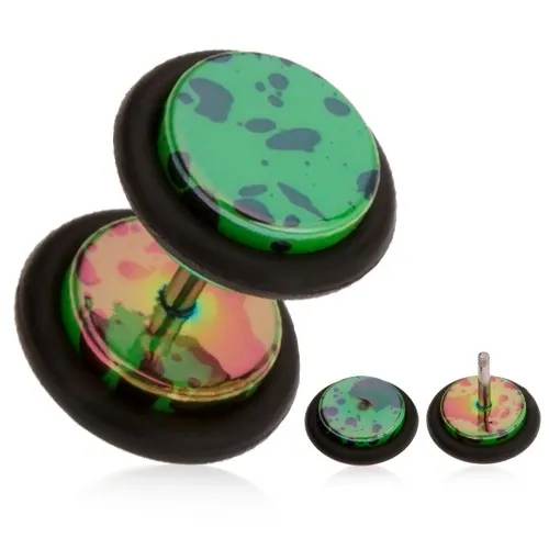 Fake plug do ucha, akrylový, tmavozelený podklad, olejové škvrny