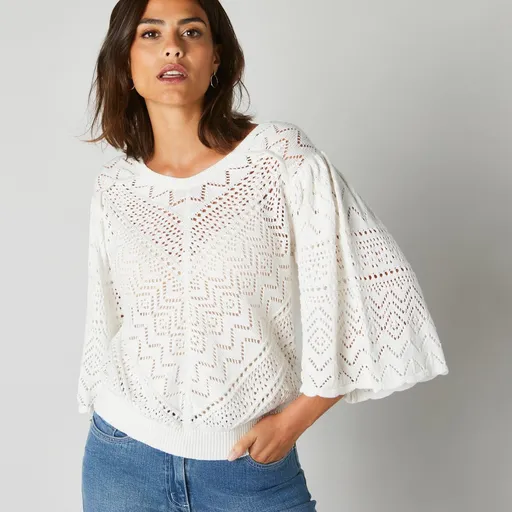 Pulóver s ažúrovým vzorom a 3/4 širokými rukávmi