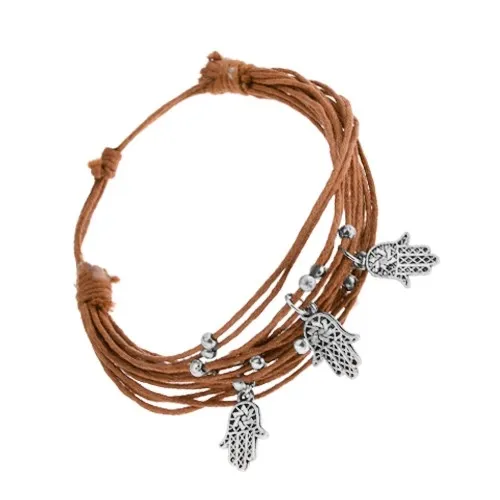 Náramok z motúzikov svetlohnedej farby, oceľové ozdoby - guličky, Fatimine ruky