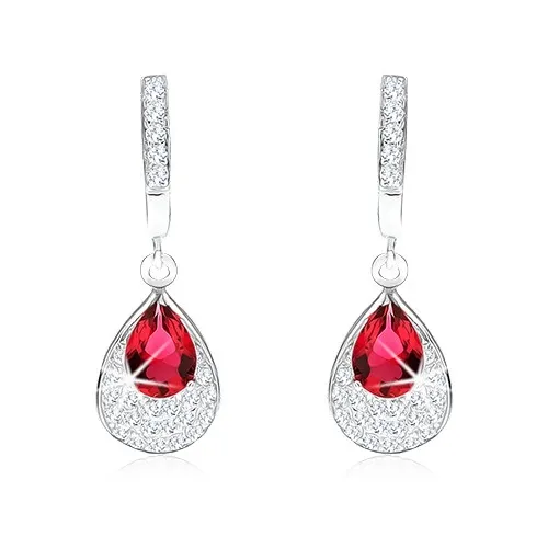 Náušnice striebro 925, prívesok s červeno-ružovým zirkónom, slza, číre kamienky