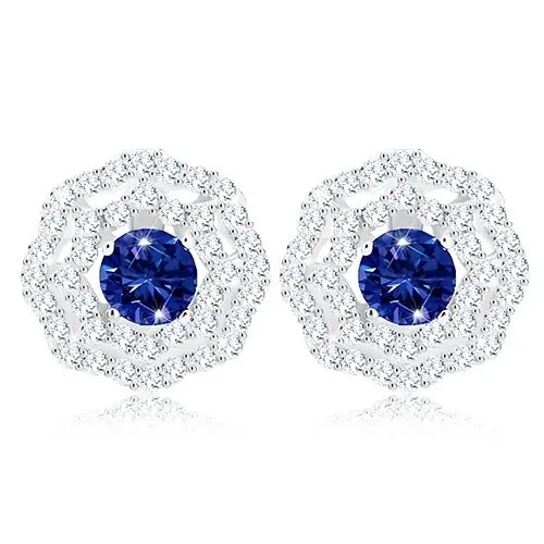 Ródiované náušnice, striebro 925, slniečko - modrý zirkón, dvojitý číry lem