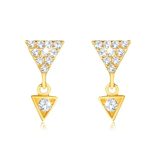 Zlaté náušnice 9K – dvojitý zirkónový trojuholník