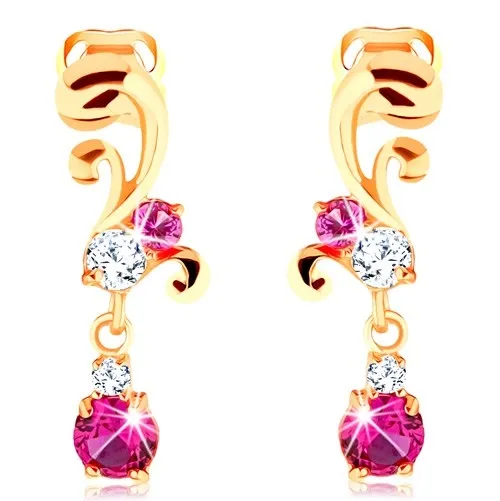 Náušnice v žltom 14K zlate - ligotavý ornament s čírymi a ružovými zirkónmi