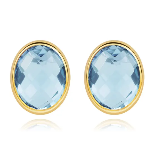 Náušnice zo žltého 14K zlata - brúsený topás modrej farby, ovál, puzety