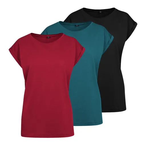 Build Your Brand Set 3 ks: Dámske tričko s ohrnutými rukávmi - Čierna / teal / vínová | 2XL
