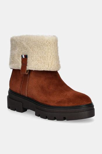 Semišové topánky Tommy Hilfiger FAUX FUR SUEDE ROLL-DOWN BOOT hnedá farba, na plochom podpätku, zateplené, FW0FW08158