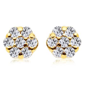 Diamantové náušnice zo 14K žltého zlata - malý kvet, okrúhle číre diamanty, puzetky