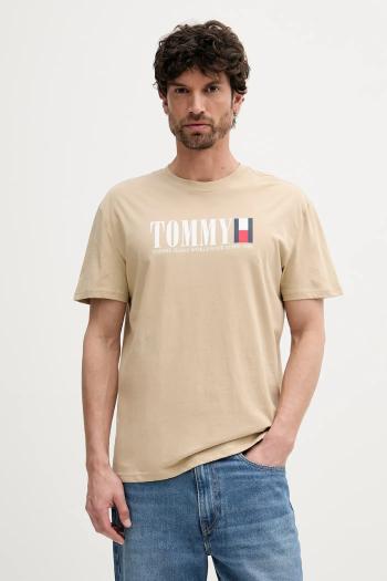 Bavlnené tričko Tommy Jeans pánske, béžová farba, s potlačou, DM0DM21941