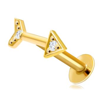 Piercing do pery a brady z 9K žltého zlata - motív šípu čírymi zirónikmi