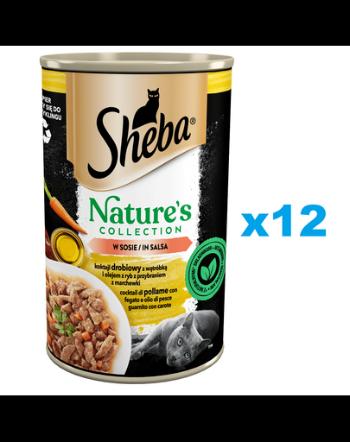 SHEBA conserve mancare pisici 12x400 g Nature's Collection pasare cu ficat, ulei de peste si morcovi