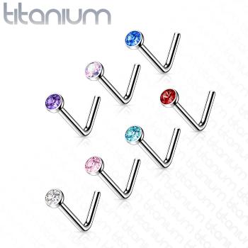 Zahnutý piercing do nosa z titánu - drobný okrúhly zirkón v objímke, 0,8 mm - Farba zirkónu: Fialová - A