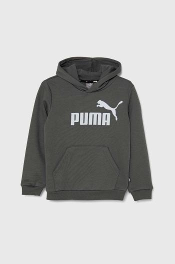 Detská mikina Puma šedá farba, s kapucňou, s potlačou